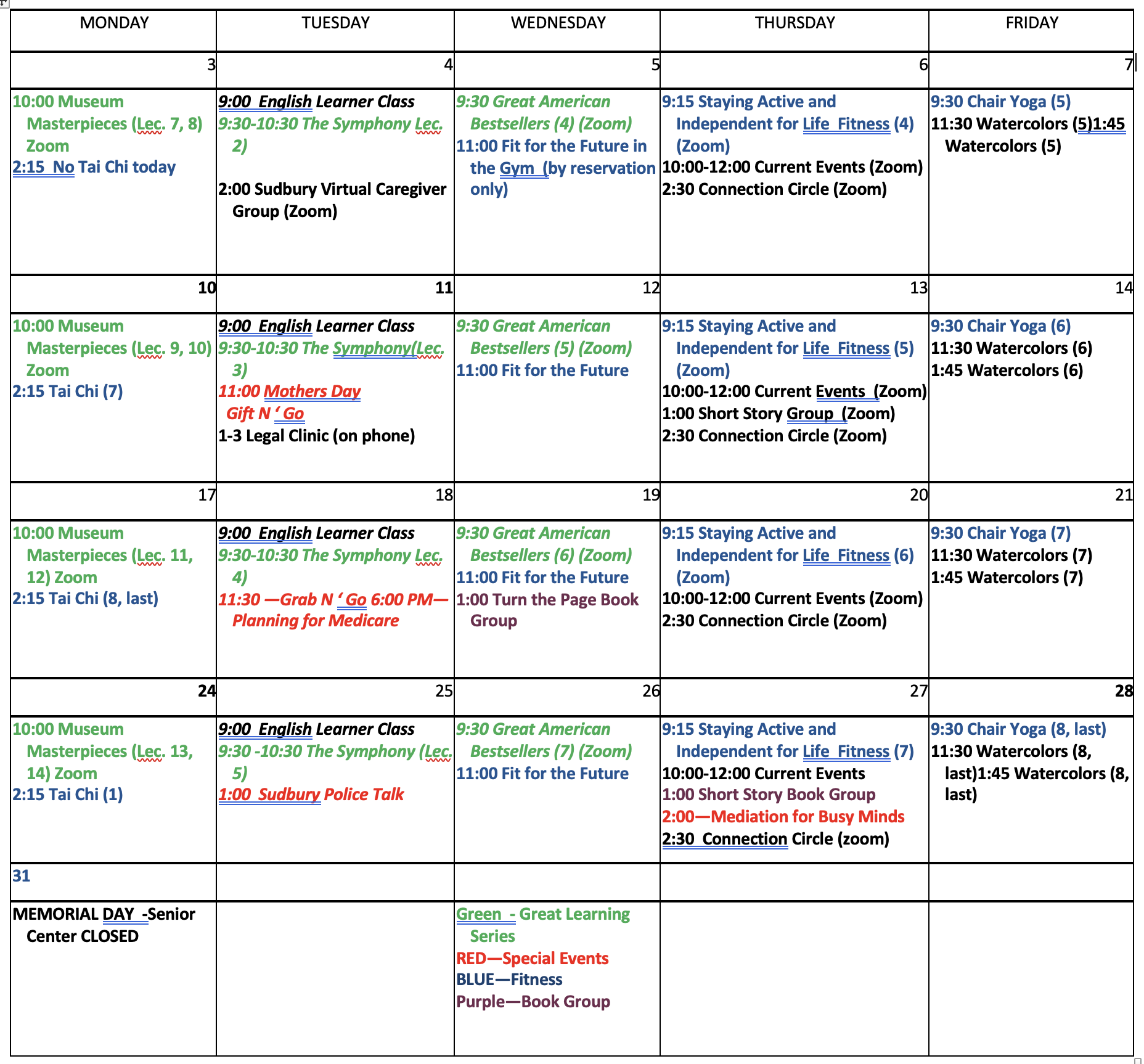 Calendar Sudbury Senior Center